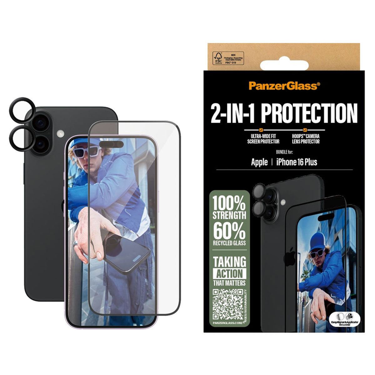 PanzerGlass 2 in 1 pack - Ultra-Wide Fit Anti-Bacterial Screenprotector incl. applicator + Camera Protector Apple iPhone 16 Plus