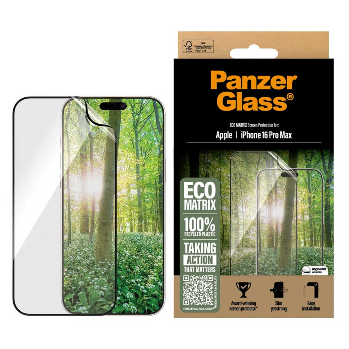 PanzerGlass Matrix Recycled Ultra-Wide Fit Anti-Bacterial Screenprotector incl. applicator Apple iPhone 16 Pro Max