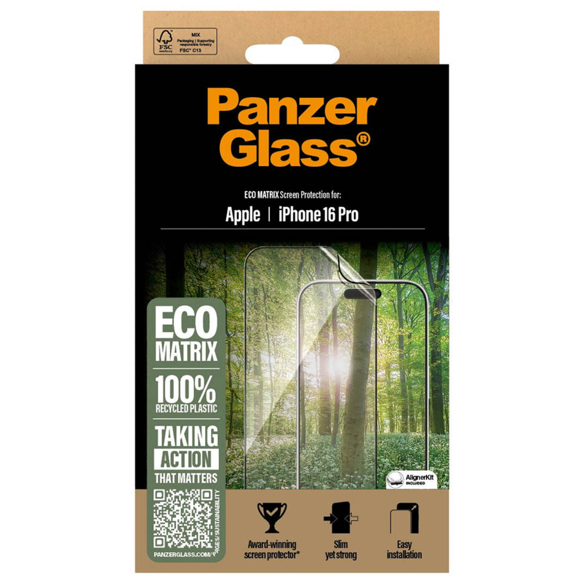 PanzerGlass Matrix Recycled Ultra-Wide Fit Anti-Bacterial Screenprotector incl. applicator Apple iPhone 16 Pro