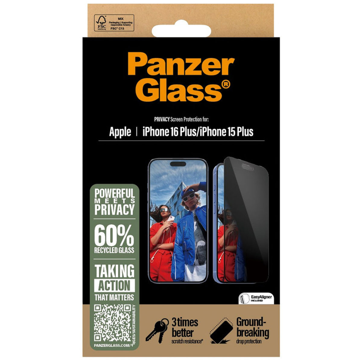 PanzerGlass Privacy Ultra-Wide Fit Anti-Bacterial Screenprotector incl. applicator Apple iPhone 16 Plus