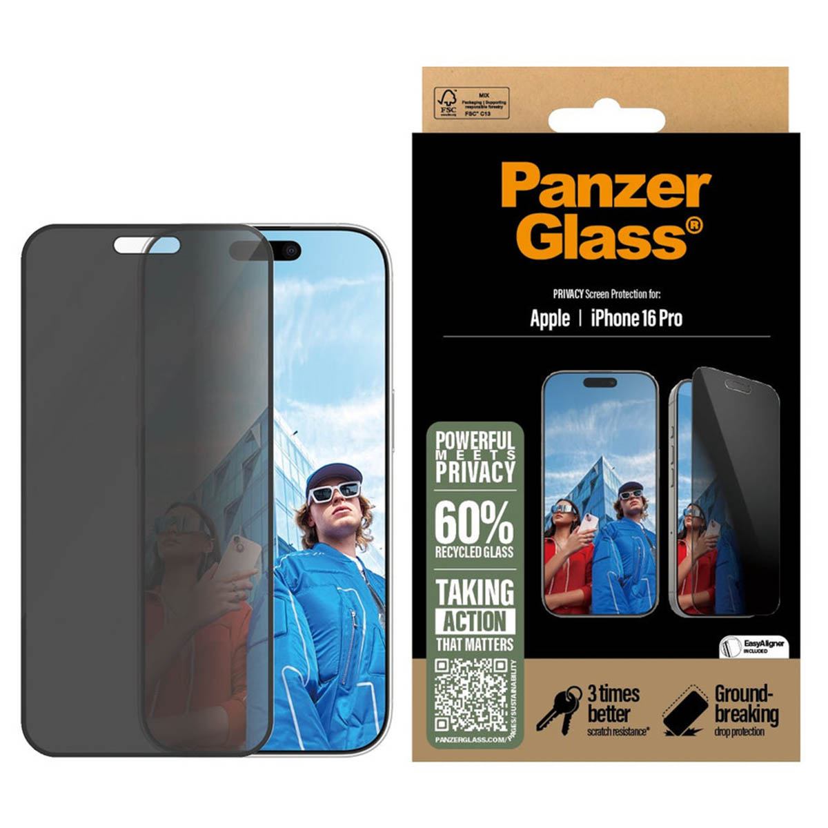 PanzerGlass Privacy Ultra-Wide Fit Anti-Bacterial Screenprotector incl. applicator Apple iPhone 16 Pro