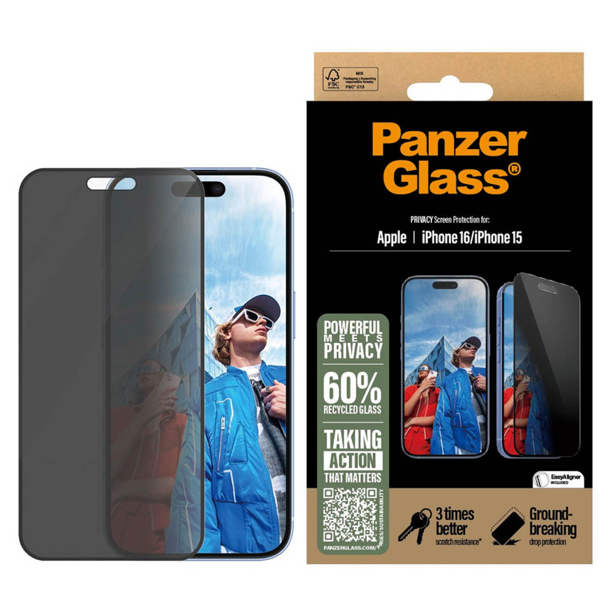 PanzerGlass Privacy Ultra-Wide Fit Anti-Bacterial Screenprotector incl. applicator Apple iPhone 16