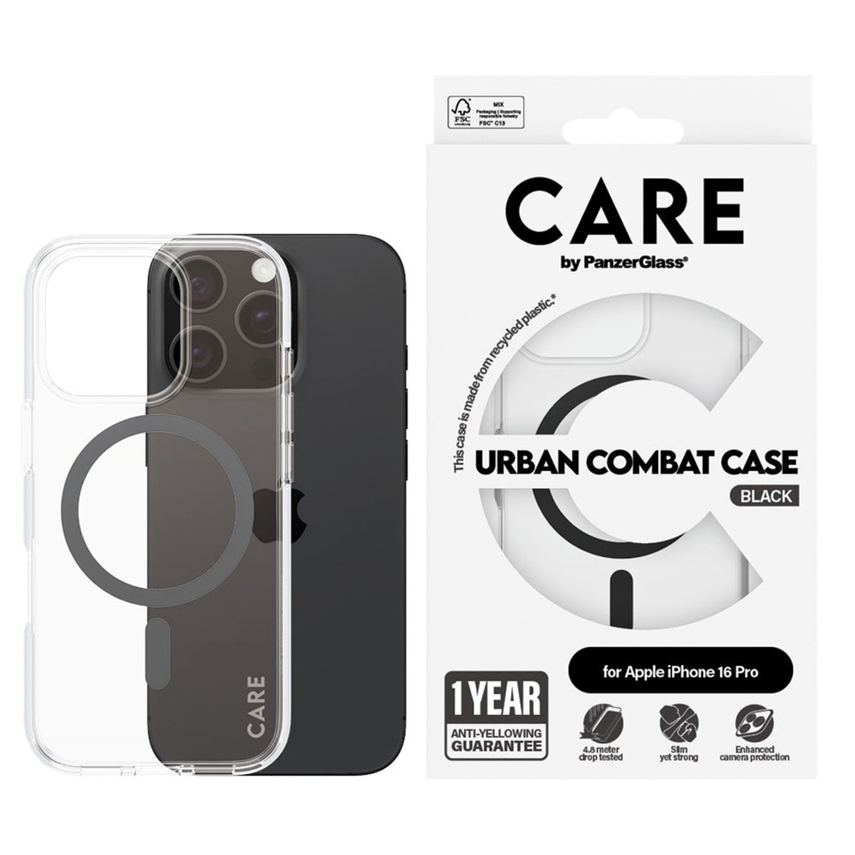 CARE by PanzerGlass Urban Combat Case MagSafe Apple iPhone 16 Pro - Transparant / Zwart