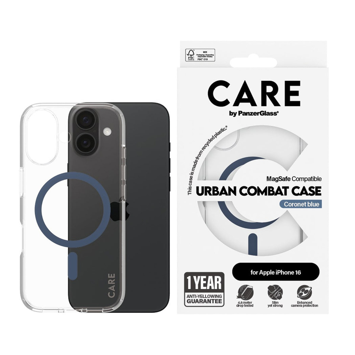 CARE by PanzerGlass Urban Combat Case MagSafe Apple iPhone 16 - Transparant / Blauw