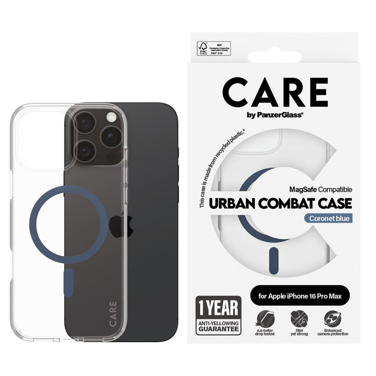 CARE by PanzerGlass Urban Combat Case MagSafe Apple iPhone 16 Pro Max - Transparant / Blauw