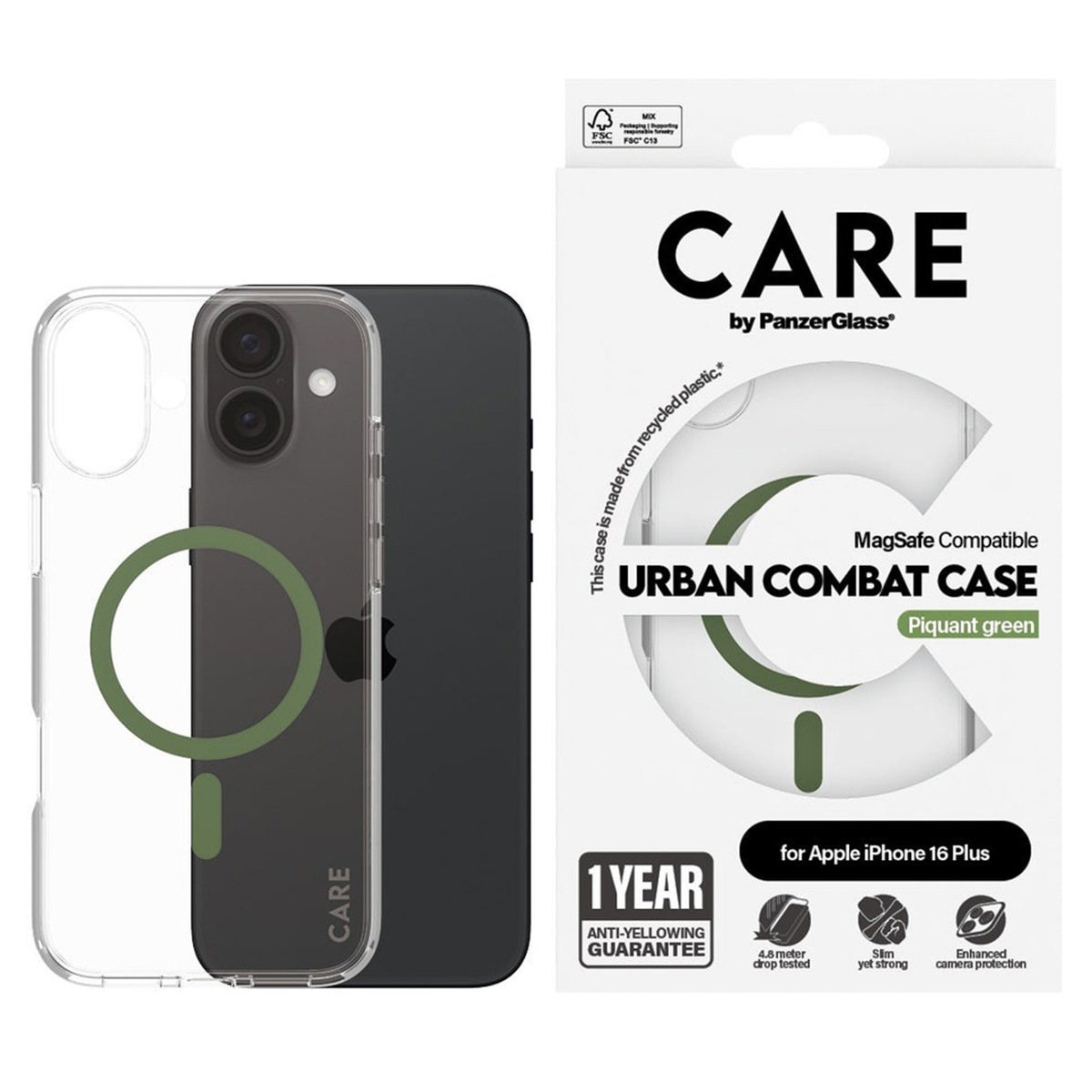 CARE by PanzerGlass Urban Combat Case MagSafe Apple iPhone 16 Plus - Transparant / Groen