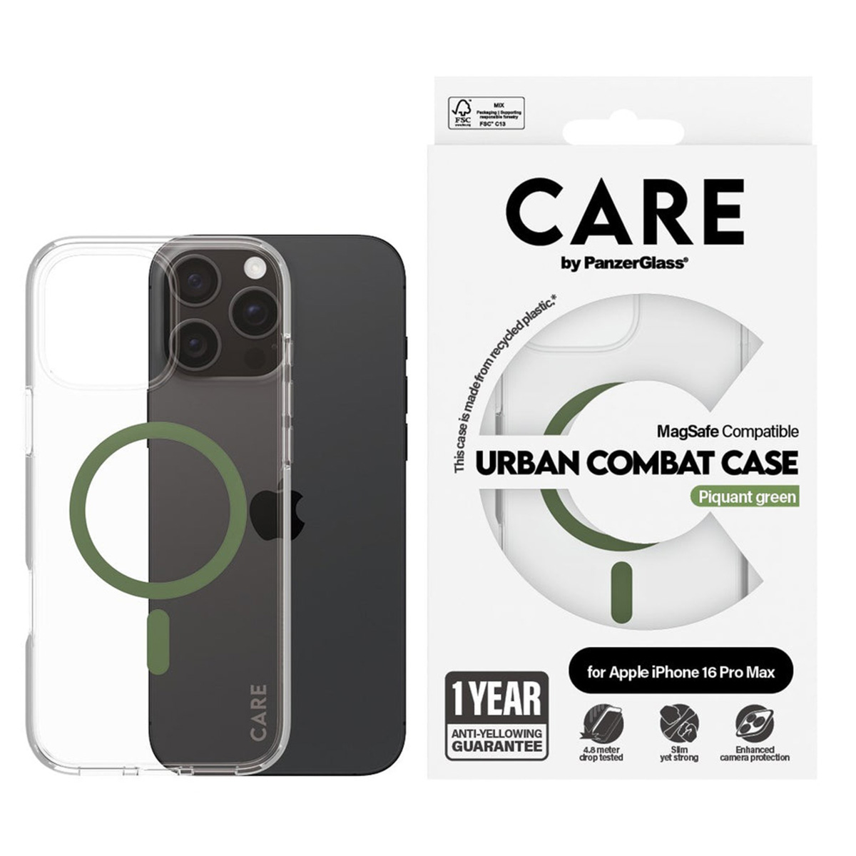 CARE by PanzerGlass Urban Combat Case MagSafe Apple iPhone 16 Pro Max - Transparant / Groen
