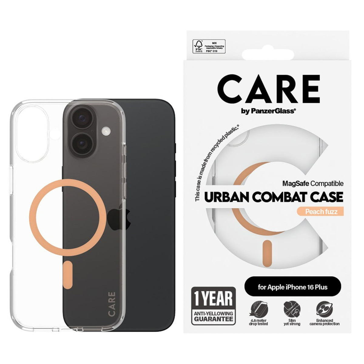 CARE by PanzerGlass Urban Combat Case MagSafe Apple iPhone 16 Plus - Transparant / Peach