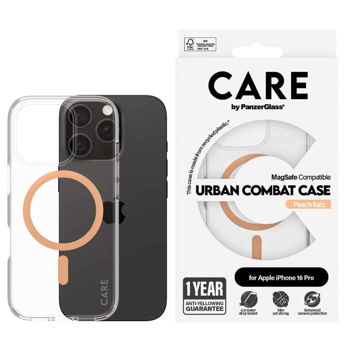 CARE by PanzerGlass Urban Combat Case MagSafe Apple iPhone 16 Pro - Transparant / Peach