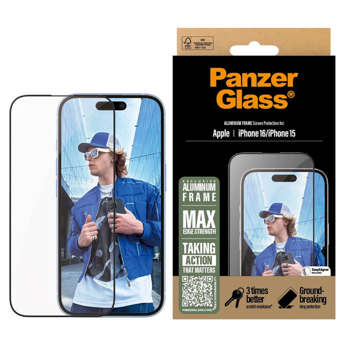 PanzerGlass Screenprotector Aluminium Frame Ultra Wide Fit met applicator Apple iPhone 16
