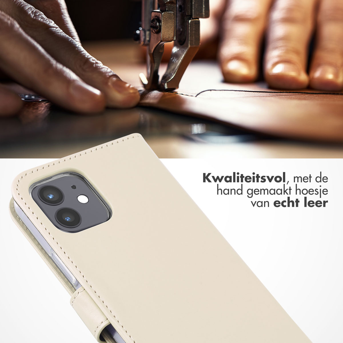 Selencia Echt Lederen Bookcase Apple iPhone 12 (Pro) - Greige