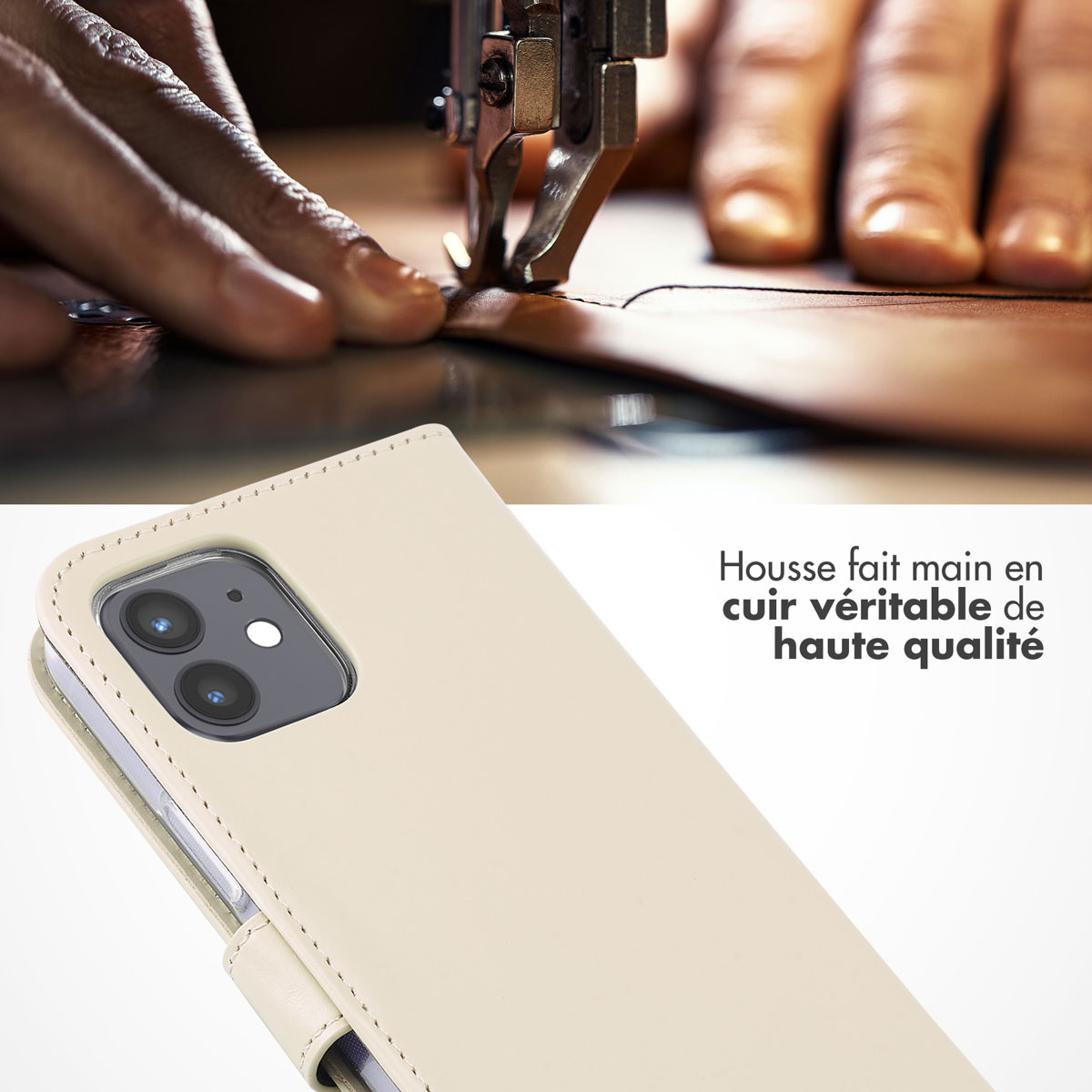 Selencia Echt Lederen Bookcase Apple iPhone 12 (Pro) - Greige