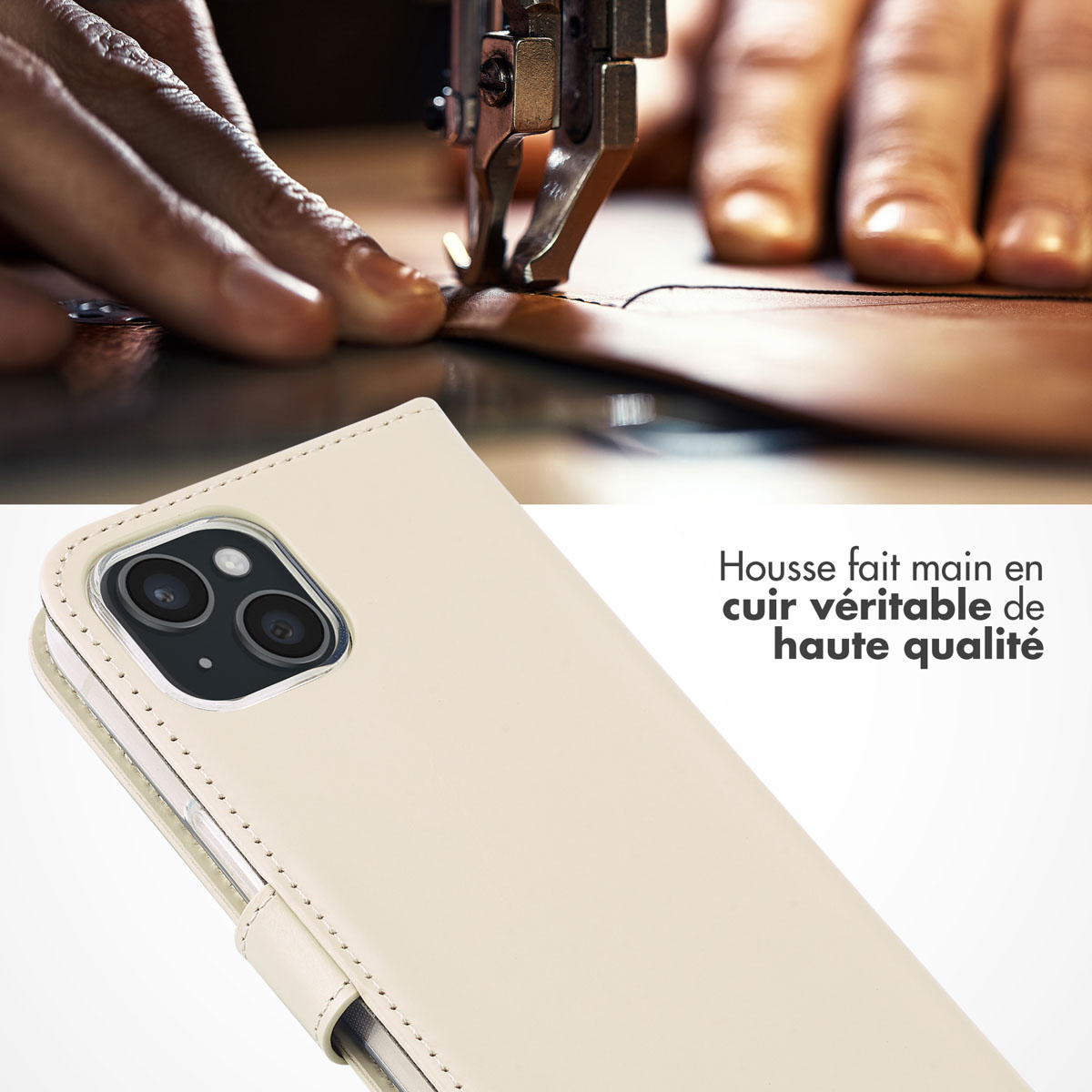 Selencia Echt Lederen Bookcase Apple iPhone 15 - Greige