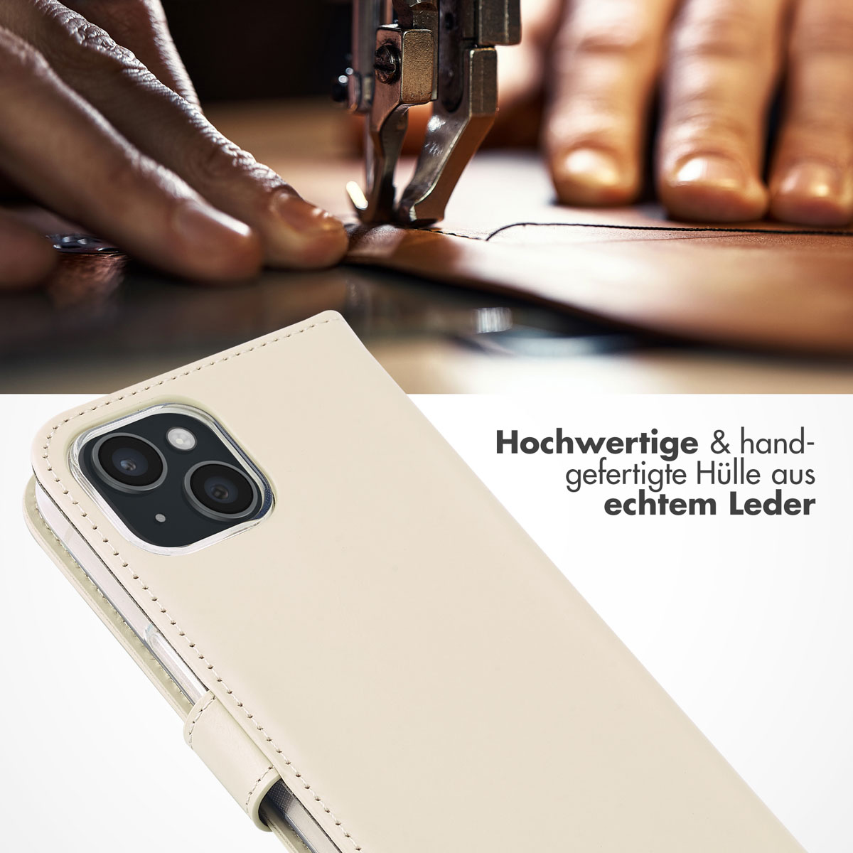Selencia Echt Lederen Bookcase Apple iPhone 15 - Greige