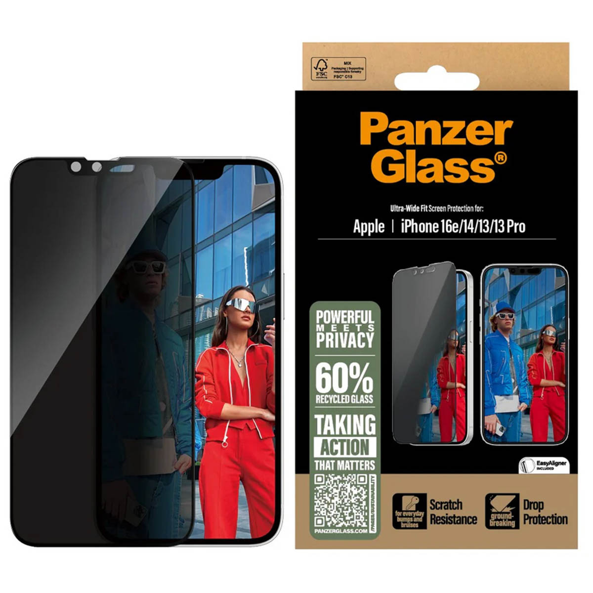 PanzerGlass Privacy Ultra-Wide Fit Anti-Bacterial Screenprotector incl. applicator Apple iPhone 13 / 13 Pro / 14 / 16e