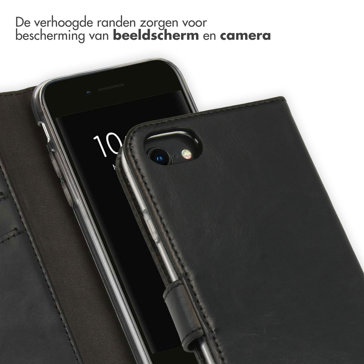 Selencia Echt Lederen Bookcase Apple iPhone SE (2022 / 2020) / 8 / 7 / 6(s) - Zwart