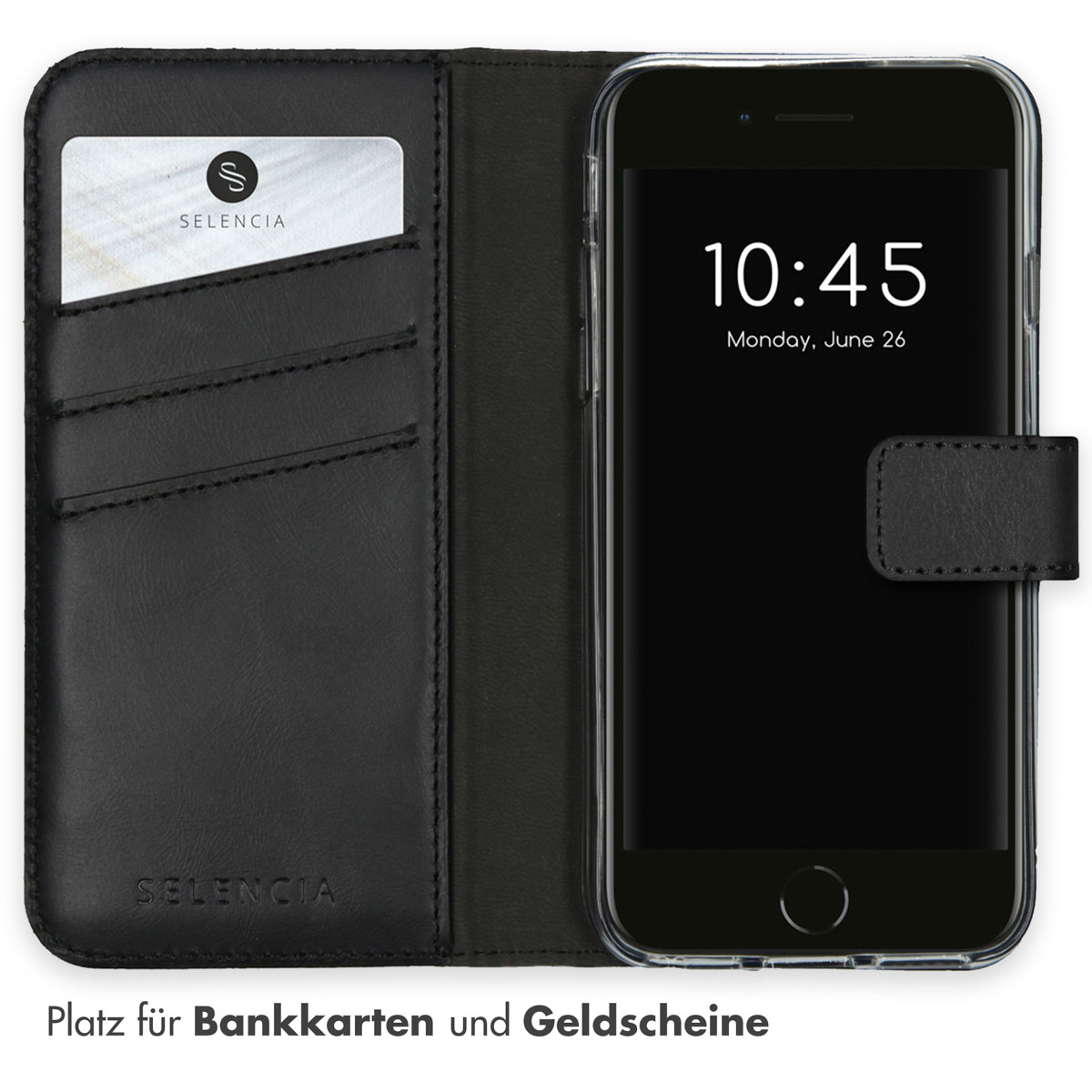 Selencia Echt Lederen Bookcase Apple iPhone SE (2022 / 2020) / 8 / 7 / 6(s) - Zwart