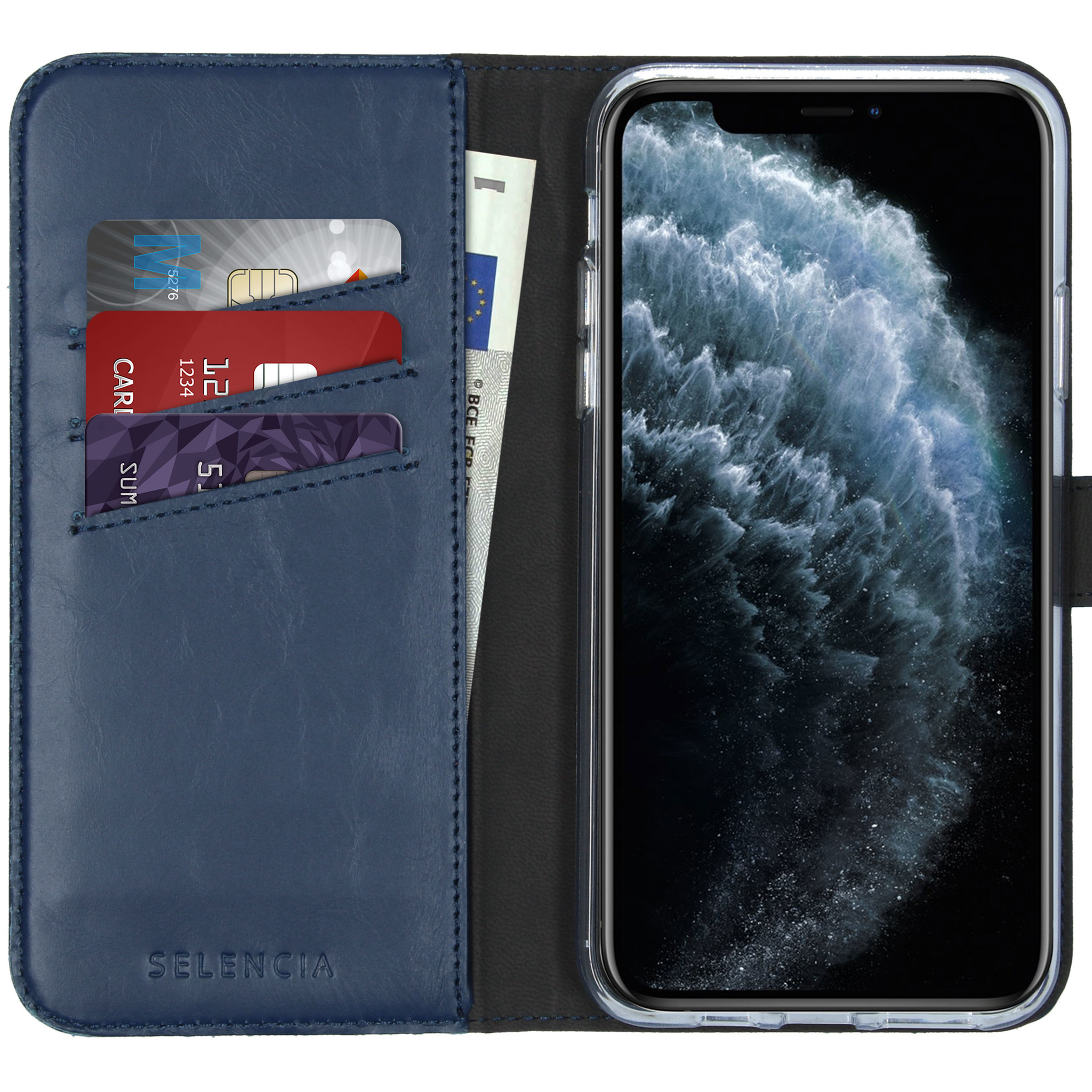 Selencia Echt Lederen Bookcase Apple iPhone 11 Pro Max - Blauw