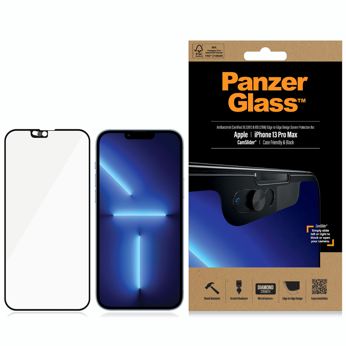 PanzerGlass CamSlider™ Anti-Bacterial Case Friendly Screenprotector Apple iPhone 13 Pro Max - Zwart