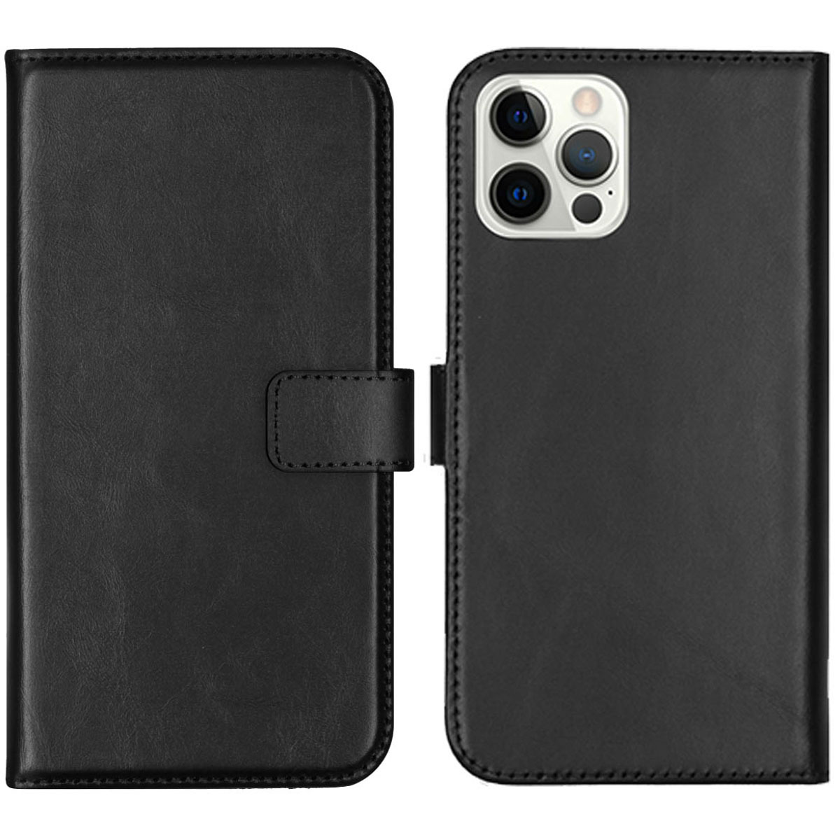 Selencia Echt Lederen Bookcase Apple iPhone 12 (Pro) - Zwart