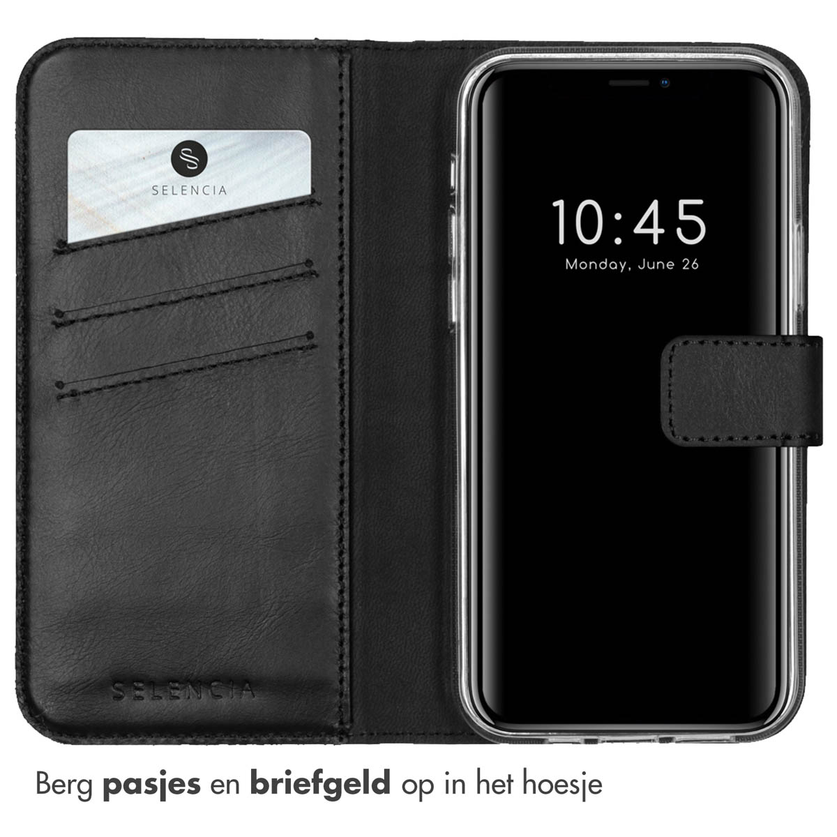 Selencia Echt Lederen Bookcase Apple iPhone 12 (Pro) - Zwart