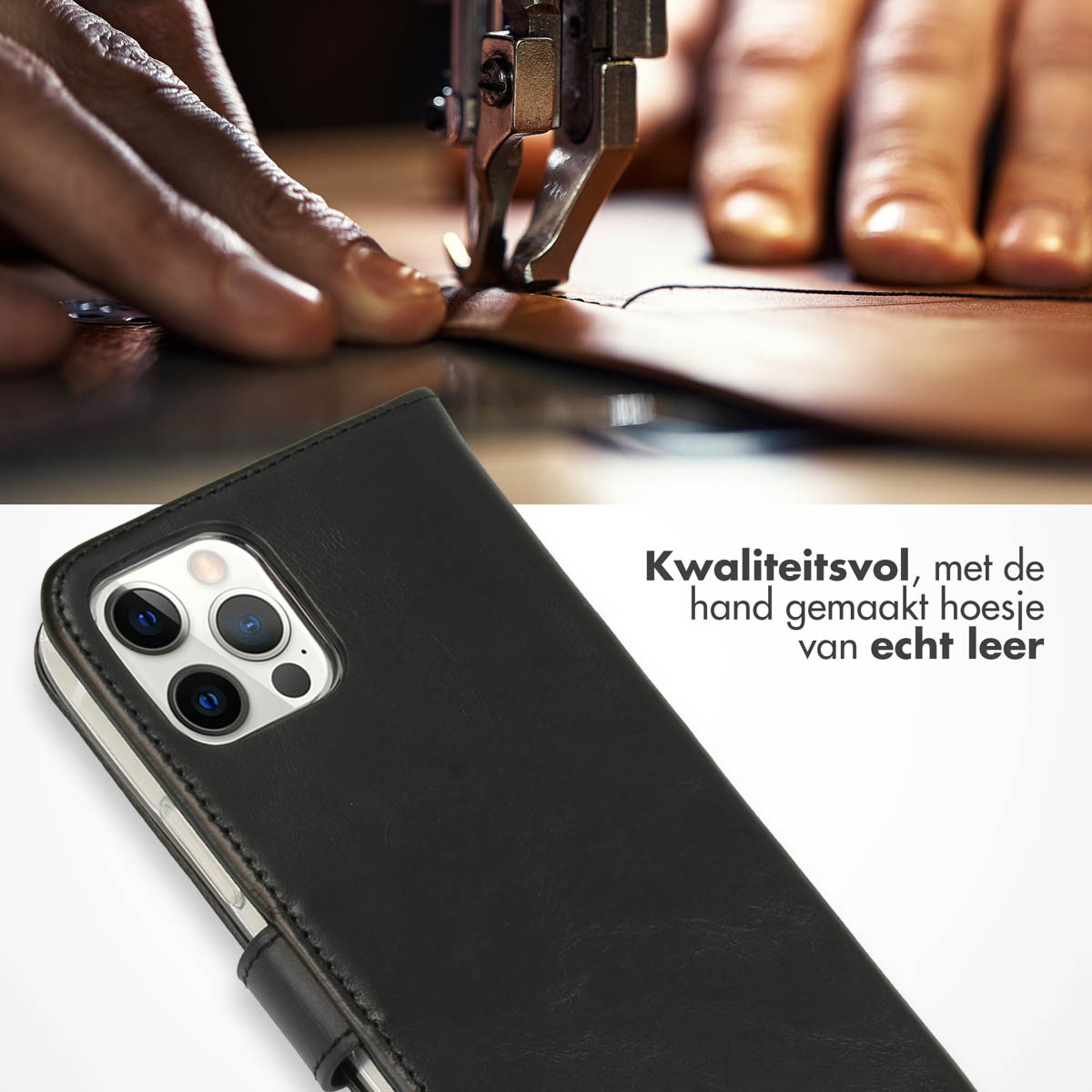 Selencia Echt Lederen Bookcase Apple iPhone 12 (Pro) - Zwart