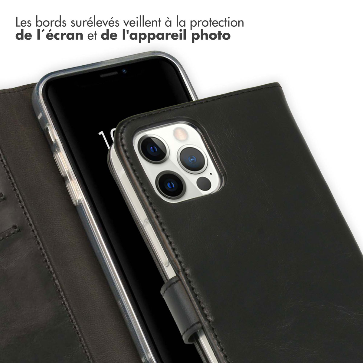 Selencia Echt Lederen Bookcase Apple iPhone 12 (Pro) - Zwart