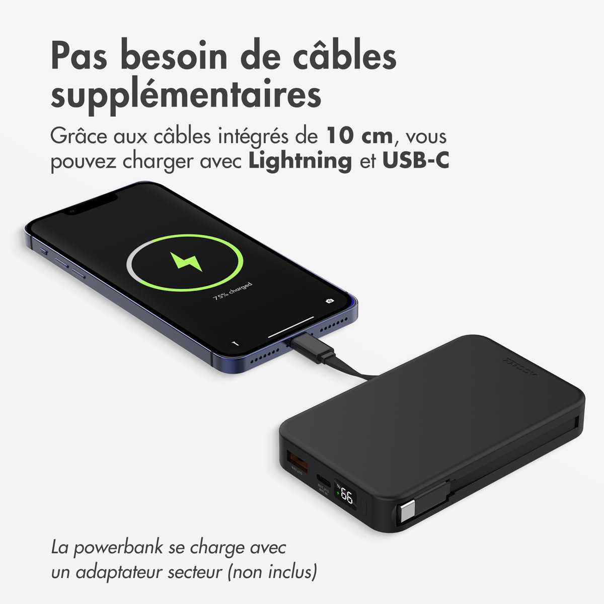 Accezz Powerbank 10.000 mAh met geïntegreerde kabels - Zwart