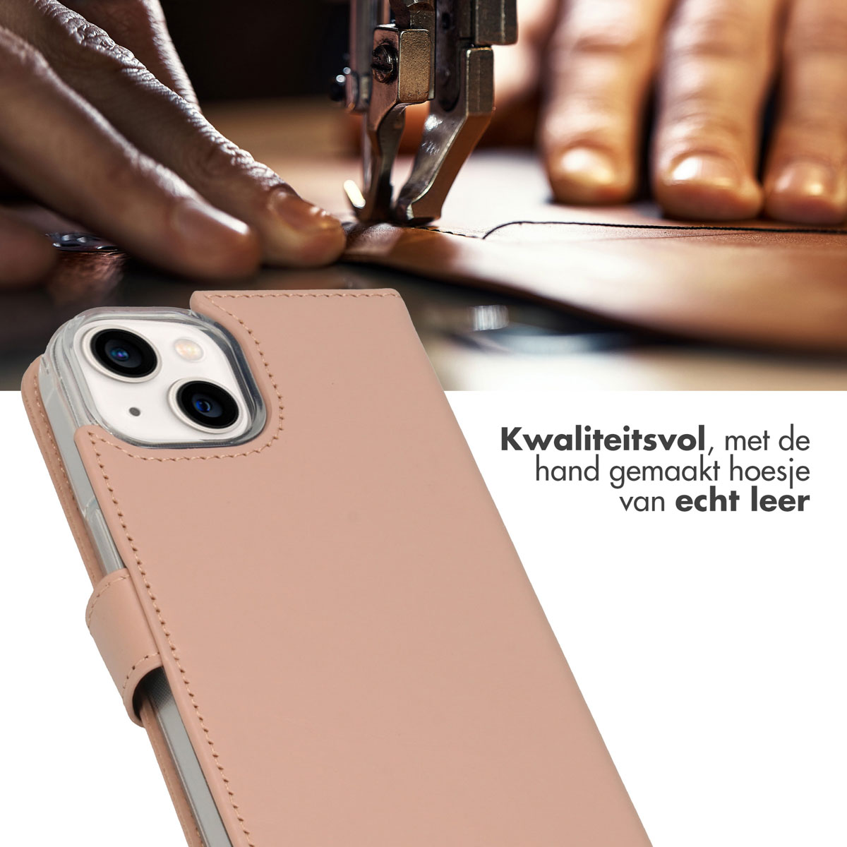 Selencia Echt Leren Bookcase iPhone 14 - Dusty Pink