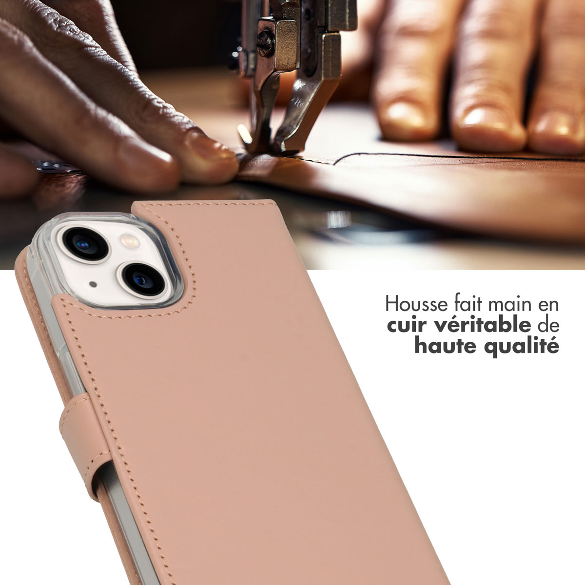 Selencia Echt Leren Bookcase iPhone 14 - Dusty Pink