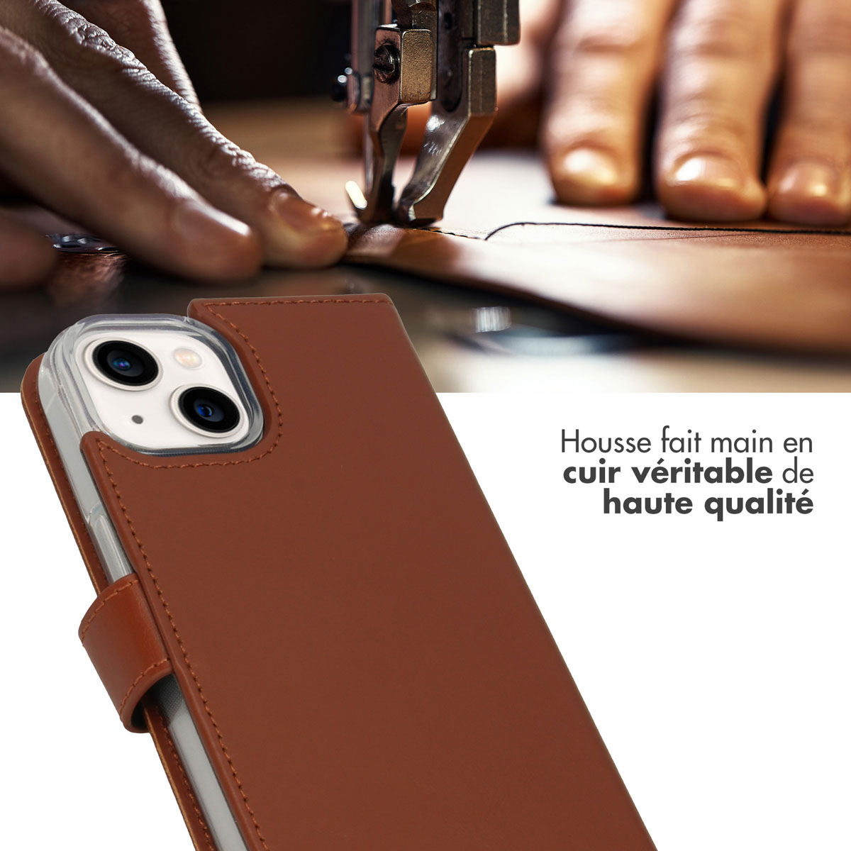 Selencia Echt Lederen Bookcase Apple iPhone 14 - Lichtbruin