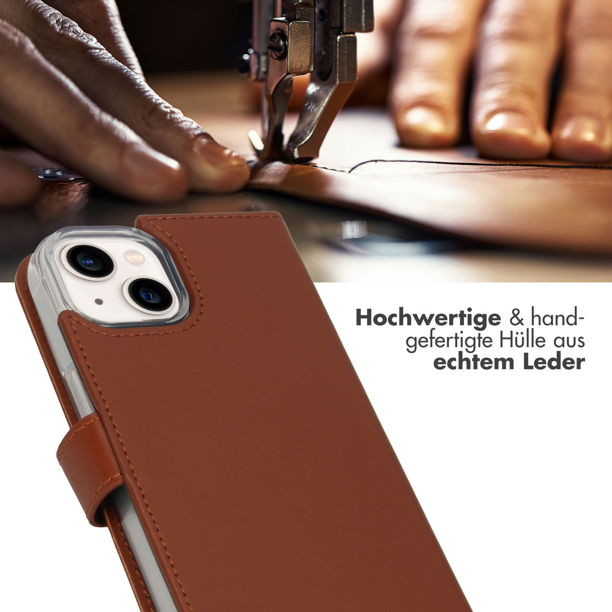 Selencia Echt Lederen Bookcase Apple iPhone 14 - Lichtbruin