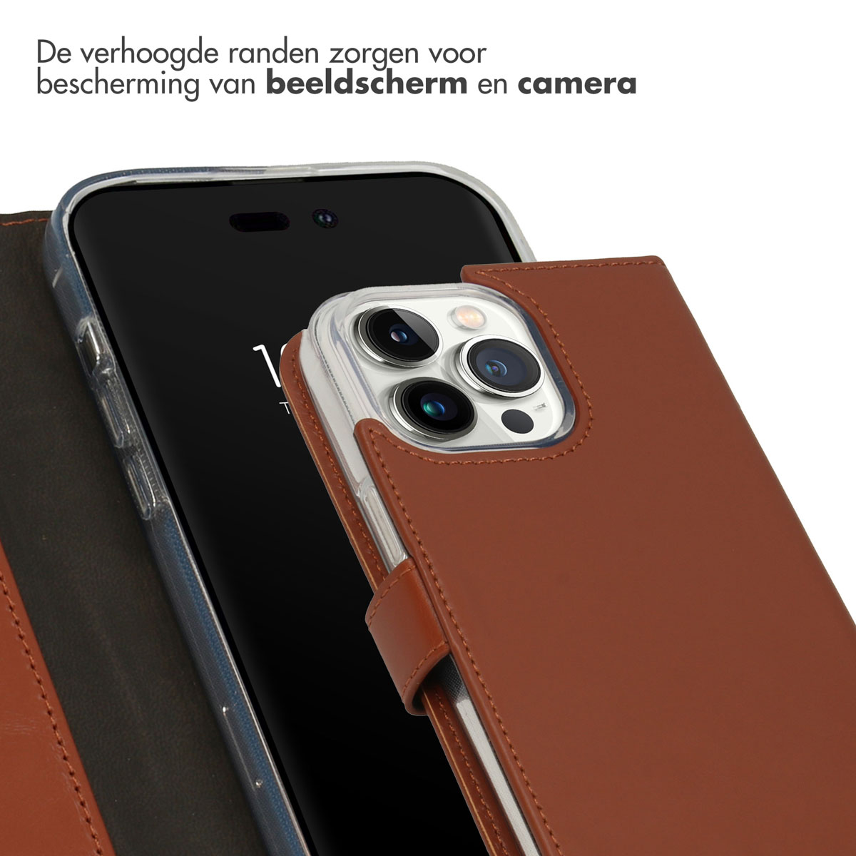 Selencia Echt Lederen Bookcase Apple iPhone 14 Pro Max - Lichtbruin