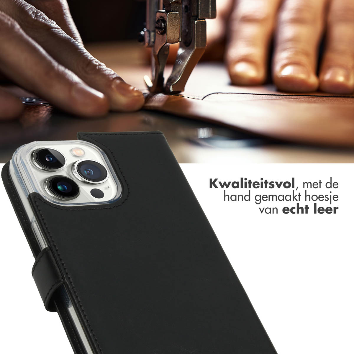 Selencia Echt Lederen Bookcase Apple iPhone 14 Pro Max - Zwart