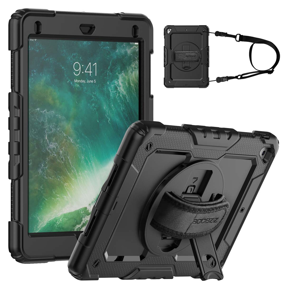 Accezz Rugged Backcover met schouderstrap Apple iPad 6 (2018) 9.7 inch / iPad 5 (2017) 9.7 inch - Zwart