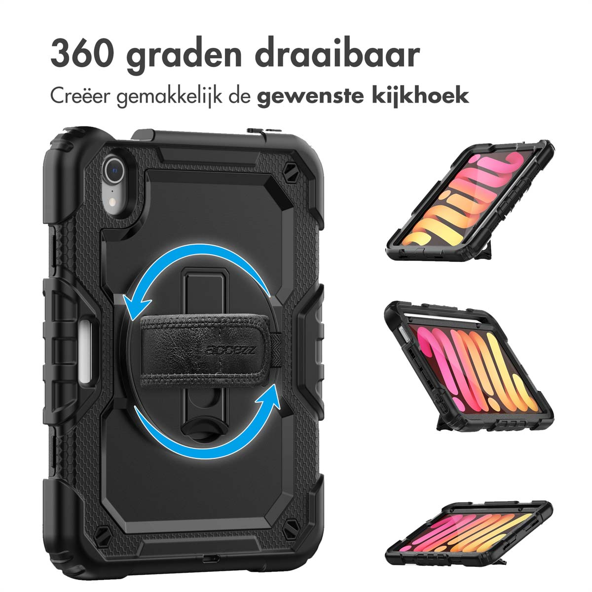 Accezz Rugged Backcover met schouderstrap Apple iPad Mini 7 (2024) / iPad Mini 6 (2021) - Zwart