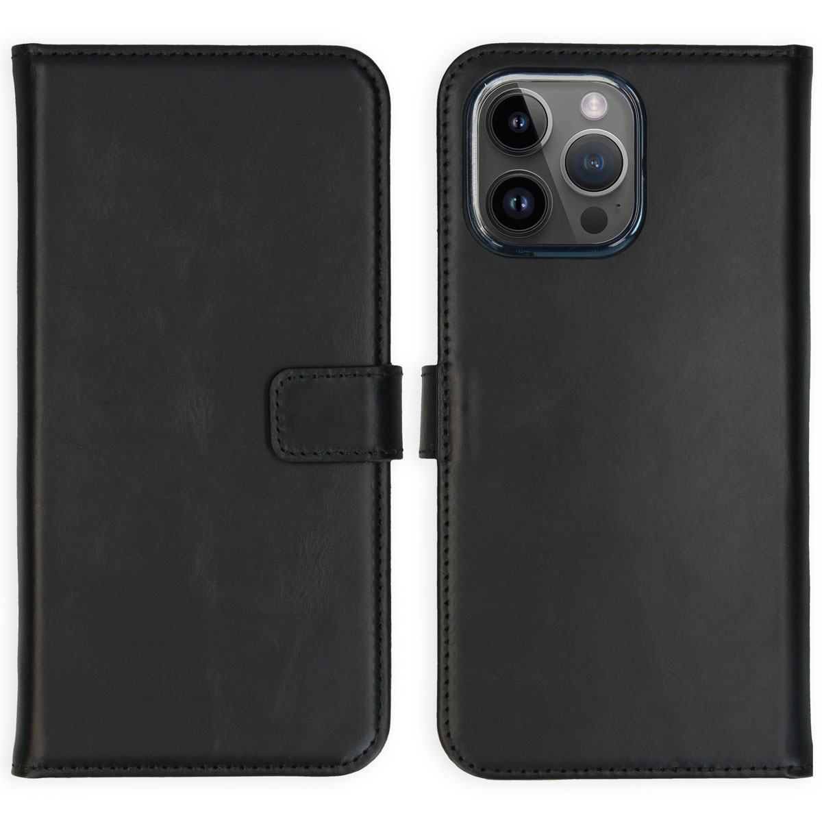 Selencia Echt Lederen Bookcase Apple iPhone 15 Pro Max - Zwart