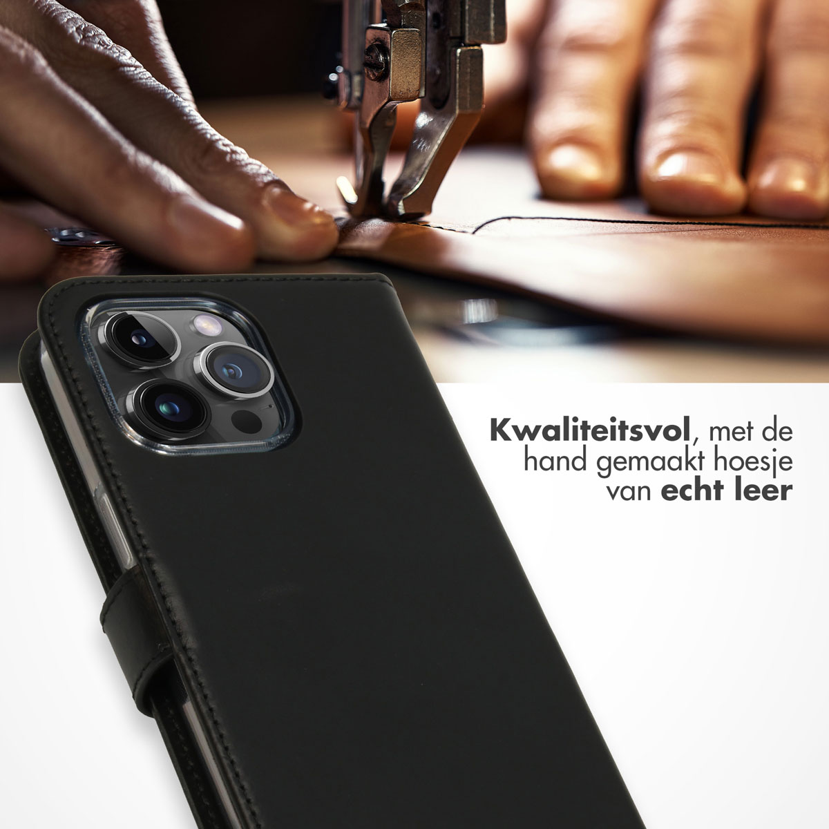 Selencia Echt Lederen Bookcase Apple iPhone 15 Pro Max - Zwart