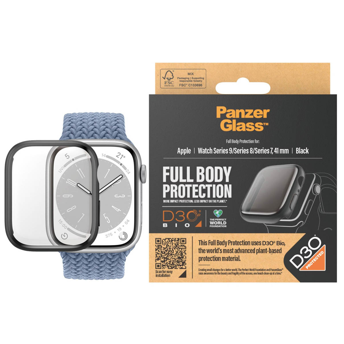 PanzerGlass Full Body Protection D3O® Bio Case Apple Watch Series 7 / 8 / 9 (41 mm) - Zwart