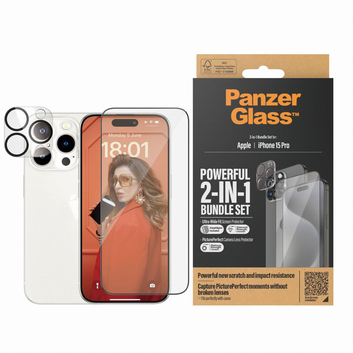 PanzerGlass 2 in 1 pack - Ultra-Wide Fit Anti-Bacterial Screenprotector incl. applicator + Camera Protector Apple iPhone 15 Pro