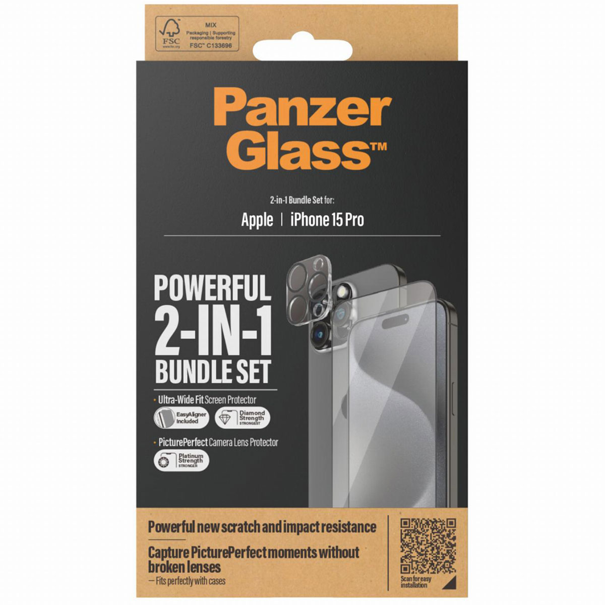 PanzerGlass 2 in 1 pack - Ultra-Wide Fit Anti-Bacterial Screenprotector incl. applicator + Camera Protector Apple iPhone 15 Pro