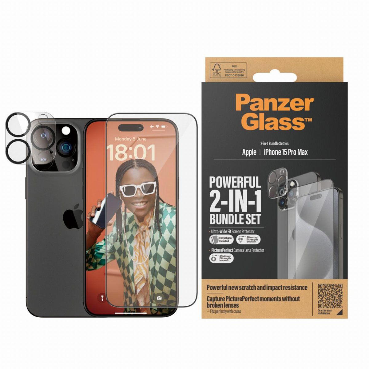PanzerGlass 2 in 1 pack - Ultra-Wide Fit Anti-Bacterial Screenprotector incl. applicator + Camera Protector Apple iPhone 15 Pro Max