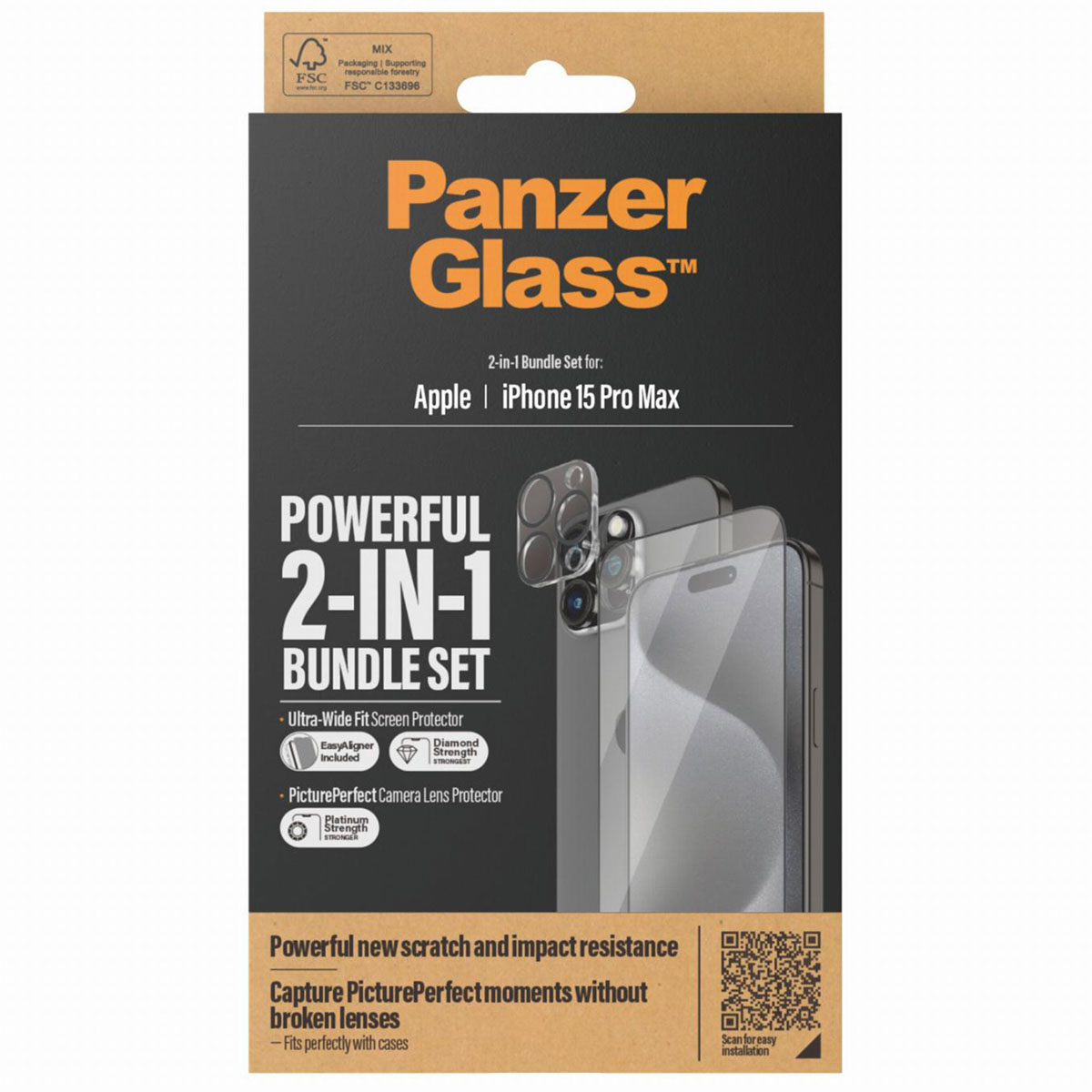 PanzerGlass 2 in 1 pack - Ultra-Wide Fit Anti-Bacterial Screenprotector incl. applicator + Camera Protector Apple iPhone 15 Pro Max