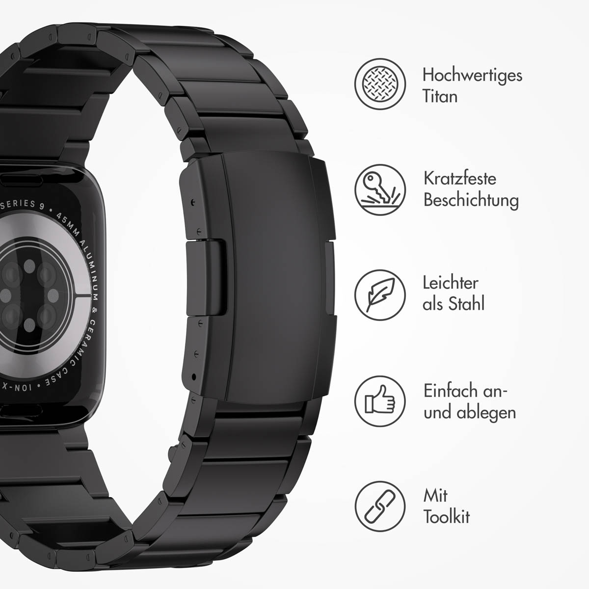 Accezz Mat Titanium bandje Apple Watch Series 1 t/m 9 / SE (38/40/41 mm) | Series 10 (42 mm) - Zwart