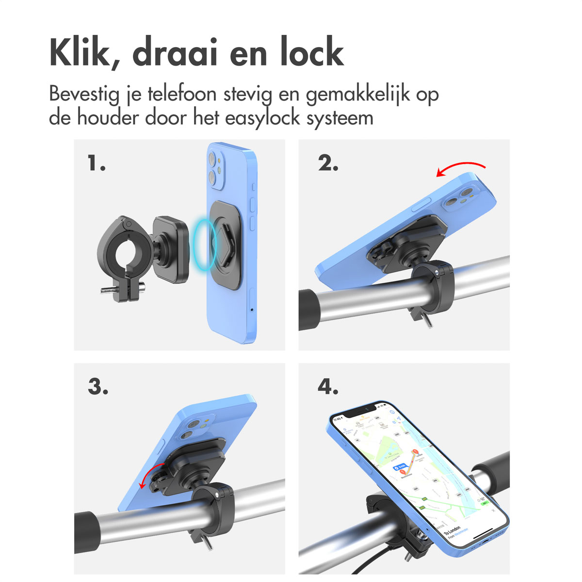 Accezz EasyLock telefoonhouder fiets - inclusief hoesje Apple iPhone 14 Pro - Aluminium - 360 graden draaibaar - Zwart