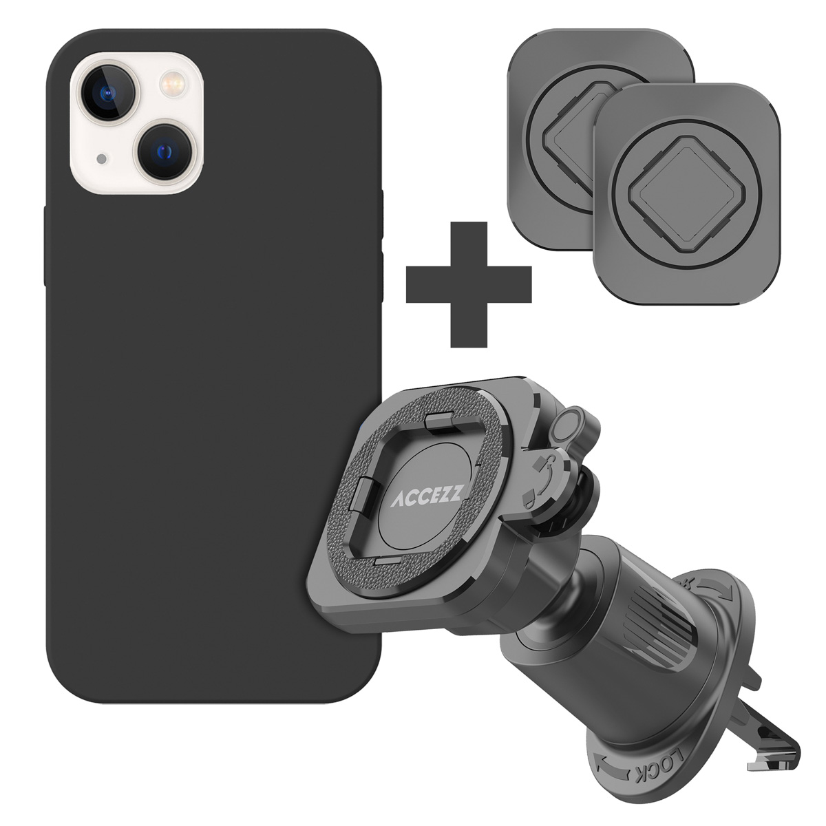 Accezz EasyLock telefoonhouder auto - inclusief hoesje Apple iPhone 13 - Ventilatierooster - 360 graden draaibaar - Zwart