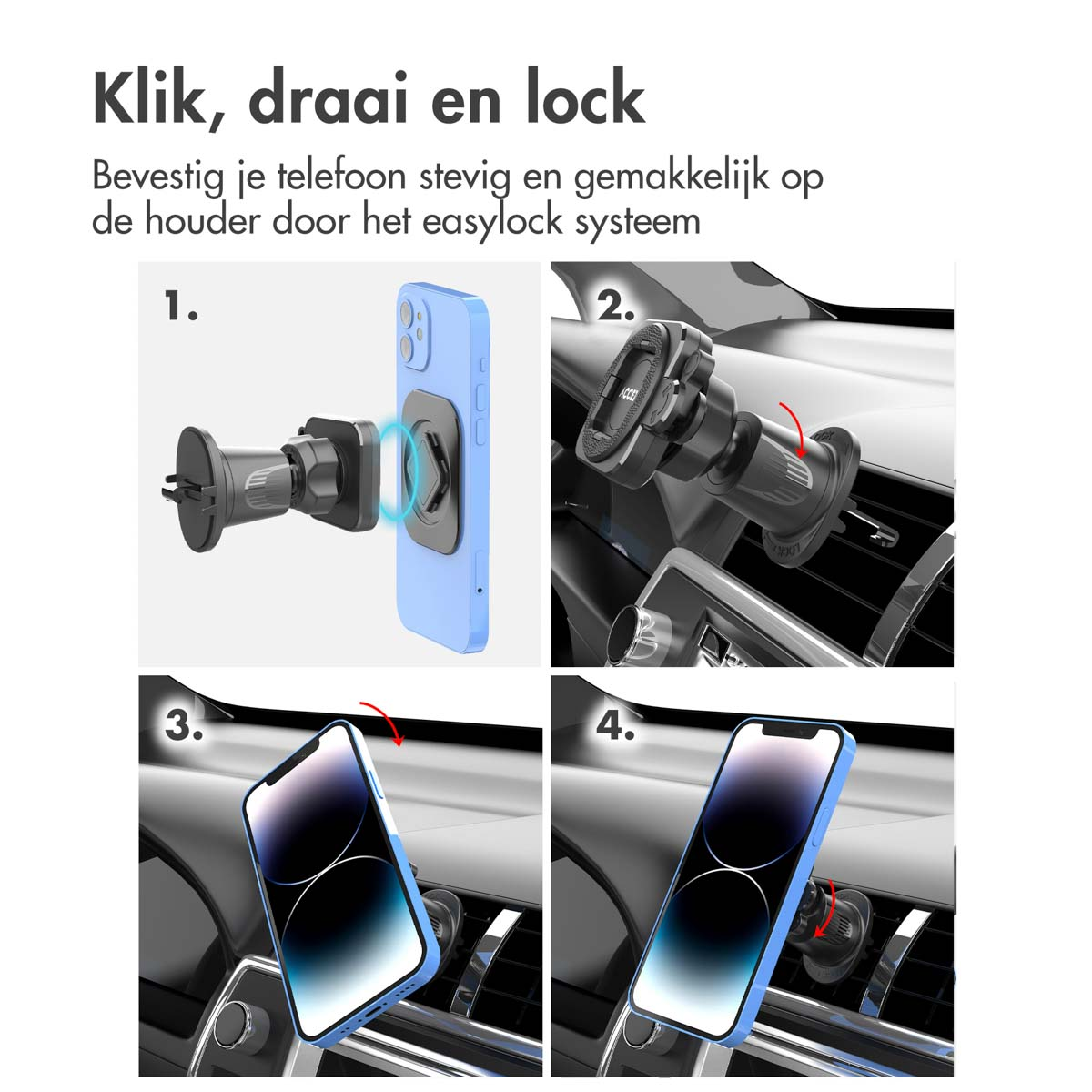 Accezz EasyLock telefoonhouder auto - inclusief hoesje Apple iPhone 15 - Ventilatierooster - 360 graden draaibaar - Zwart